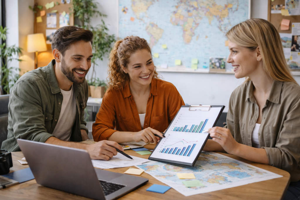 Team diskutiert Wachstum und Strategie einer Reiseplattform anhand von Daten