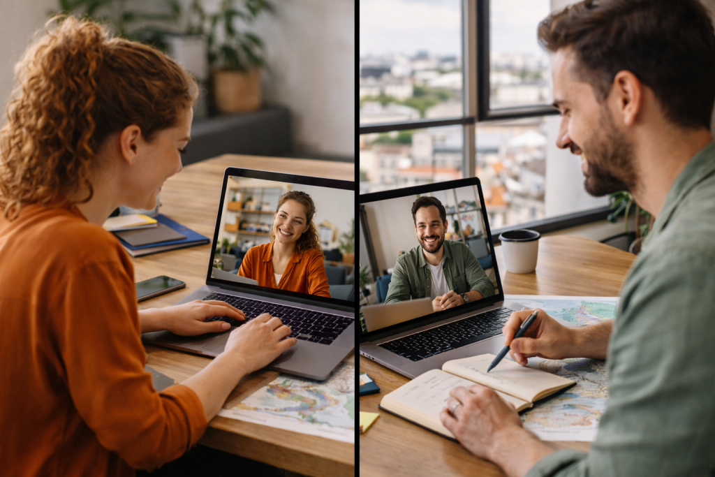 Remote Zusammenarbeit im Videocall bei der Planung von Reiseinhalten
