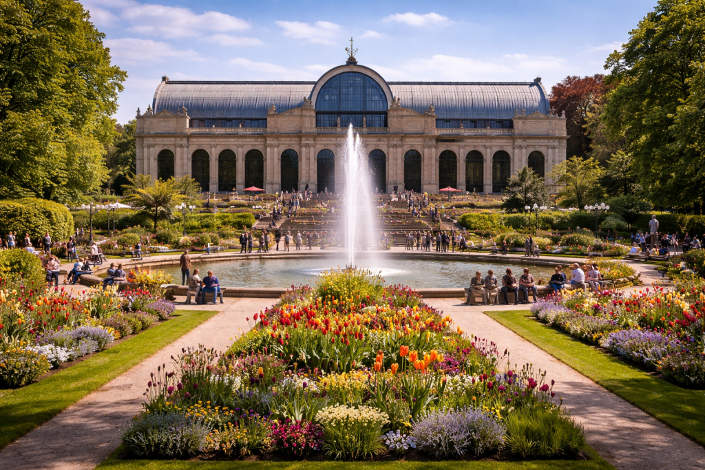 Flora und Botanischer Garten in Köln mit historischem Gewächshaus, Brunnen und blühenden Gartenanlagen.