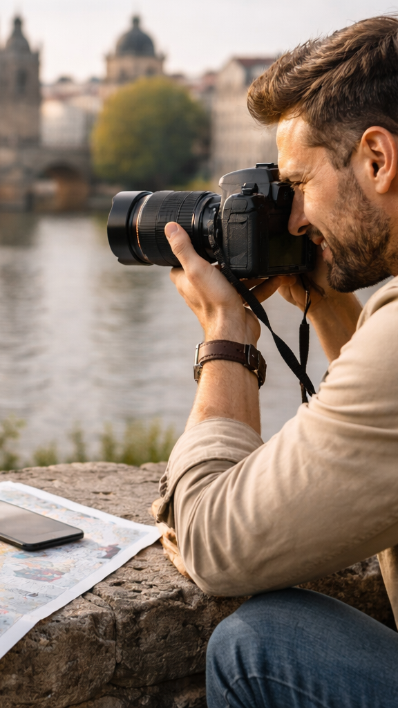 Reisefotograf fotografiert europäische Stadtlandschaft mit DSLR Kamera
