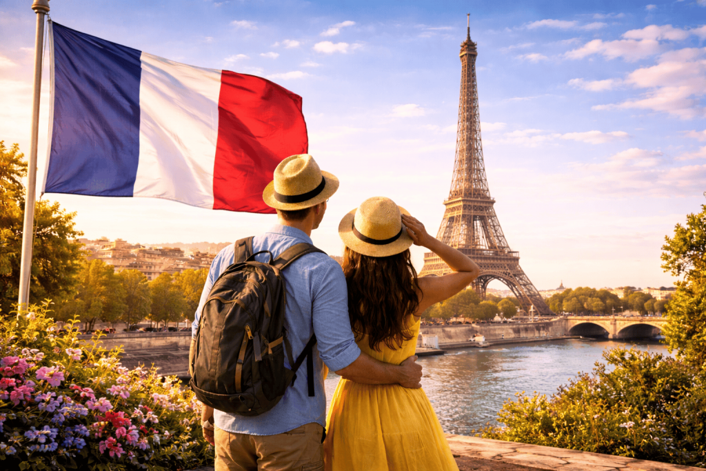 Französische Stadt mit klassischer Architektur und urbanem Straßenbild