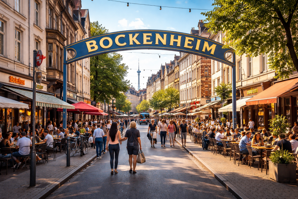Belebte Straße im Frankfurter Viertel Bockenheim mit Cafés, Restaurants und typischer Gründerzeit-Architektur an einem sonnigen Tag.