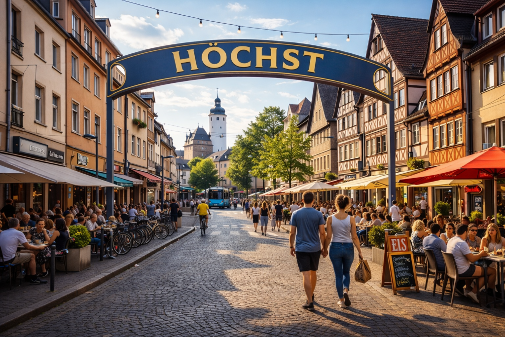 Historische Altstadt von Frankfurt-Höchst mit Fachwerkhäusern, Kopfsteinpflaster und Blick Richtung Höchster Schloss.