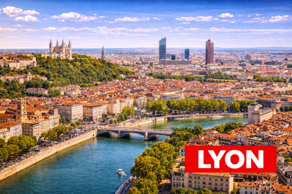 Blick über Lyon mit Basilika Notre-Dame de Fourvière, Altstadt und Flüssen Rhône und Saône.