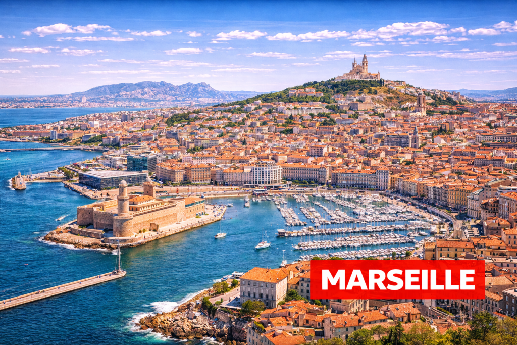 Marseille mit Vieux-Port, Mittelmeerküste und Basilika Notre-Dame de la Garde.