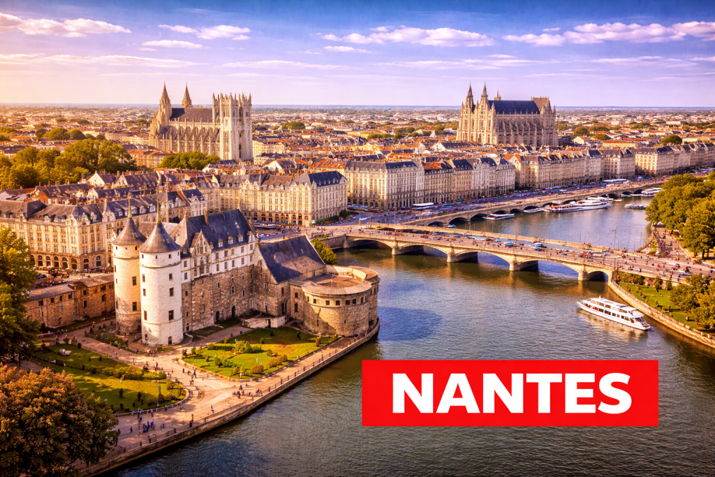 Nantes mit Loireufer, Schloss der Herzöge der Bretagne und historischer Innenstadt.