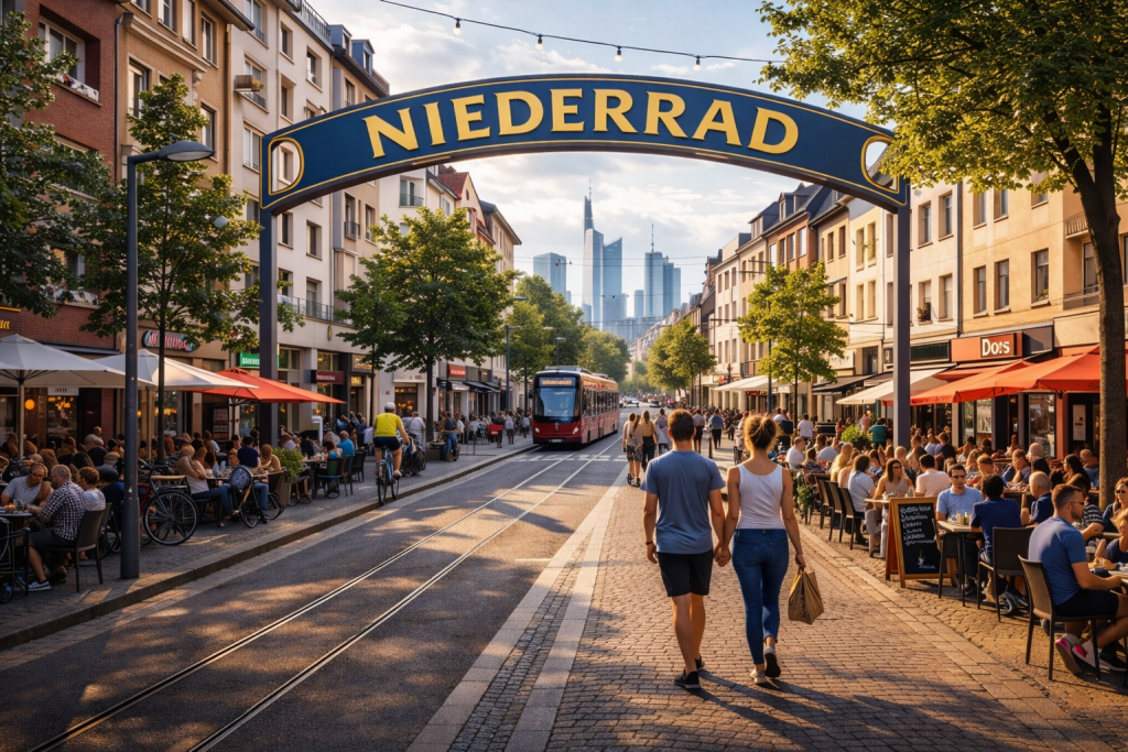 Straßenszene im Frankfurter Viertel Niederrad mit Restaurants, Straßenbahn und Blick auf die Skyline im Hintergrund.