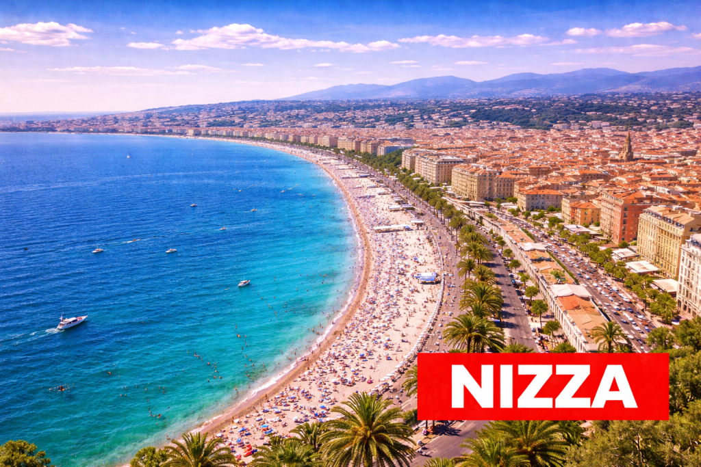 Nizza mit Promenade des Anglais, Mittelmeerstrand und Altstadt an der Côte d’Azur.