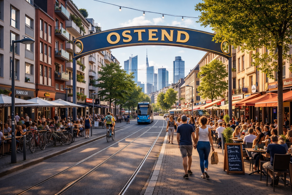 Urbanes Straßenbild im Frankfurter Ostend mit moderner Architektur, Straßenbahn und Blick auf die Skyline der Bankenstadt.