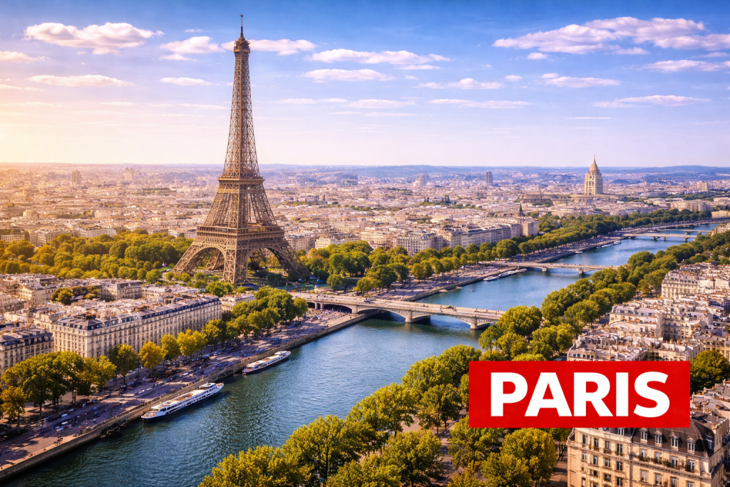 Skyline von Paris mit Eiffelturm, Seine und klassischer Haussmann-Architektur.