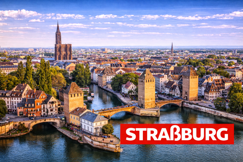 Straßburg mit Fachwerkhäusern, Kanälen und Straßburger Münster.