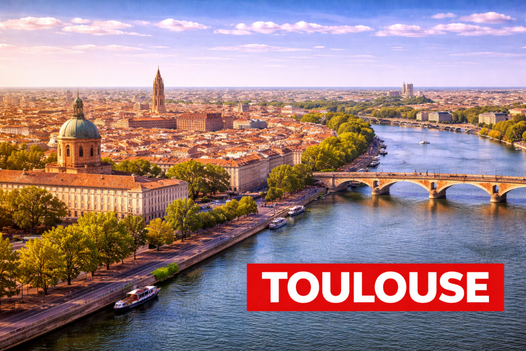 Toulouse mit roten Backsteinbauten, Fluss Garonne und historischer Altstadt.