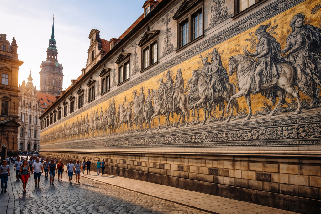 Der historische Fürstenzug in Dresden zeigt eine lange Prozession sächsischer Herrscher auf Meissener Porzellanfliesen entlang der Stallhof-Mauer in der Dresdner Altstadt.