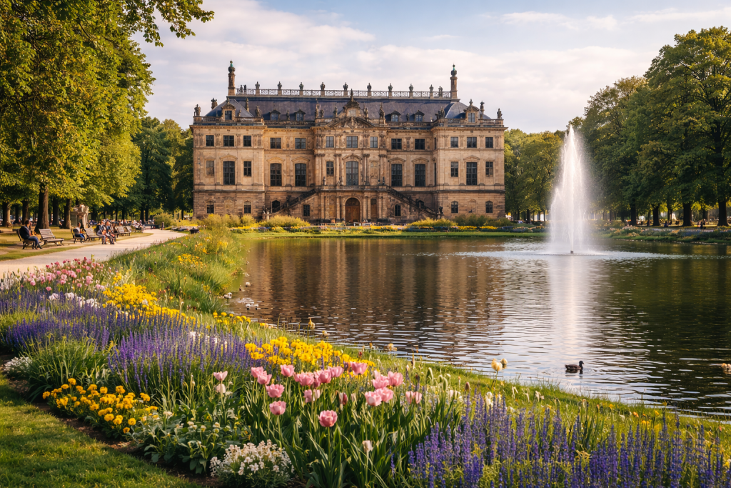 Der Große Garten in Dresden mit dem barocken Palais im Zentrum, umgeben von weitläufigen Parkanlagen, Blumenbeeten und einem ruhigen Teich.