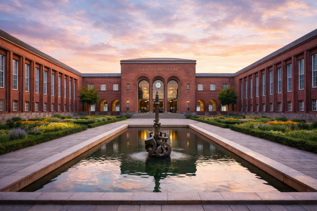 Grassimuseum Leipzig mit symmetrischem Innenhof, Wasserbecken und roter Backsteinarchitektur im Abendlicht.