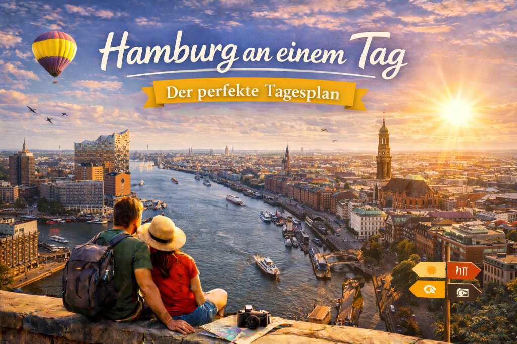 Panorama von Hamburg mit Elbphilharmonie, Hafen und St. Michaelis im Abendlicht, während ein Paar mit Rucksäcken auf einer Mauer sitzt und über die Stadt blickt.