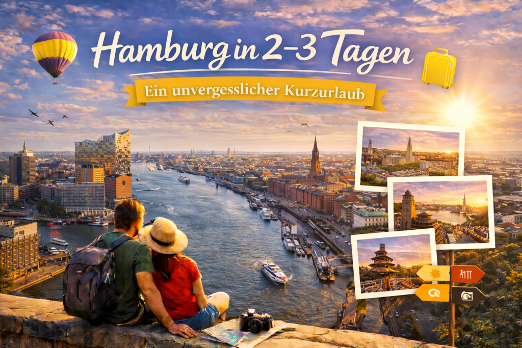 Blick über Hamburg mit Elbphilharmonie, Hafen und Speicherstadt bei goldenem Sonnenuntergang, ergänzt durch kleine Bildkarten mit Highlights der Stadt.