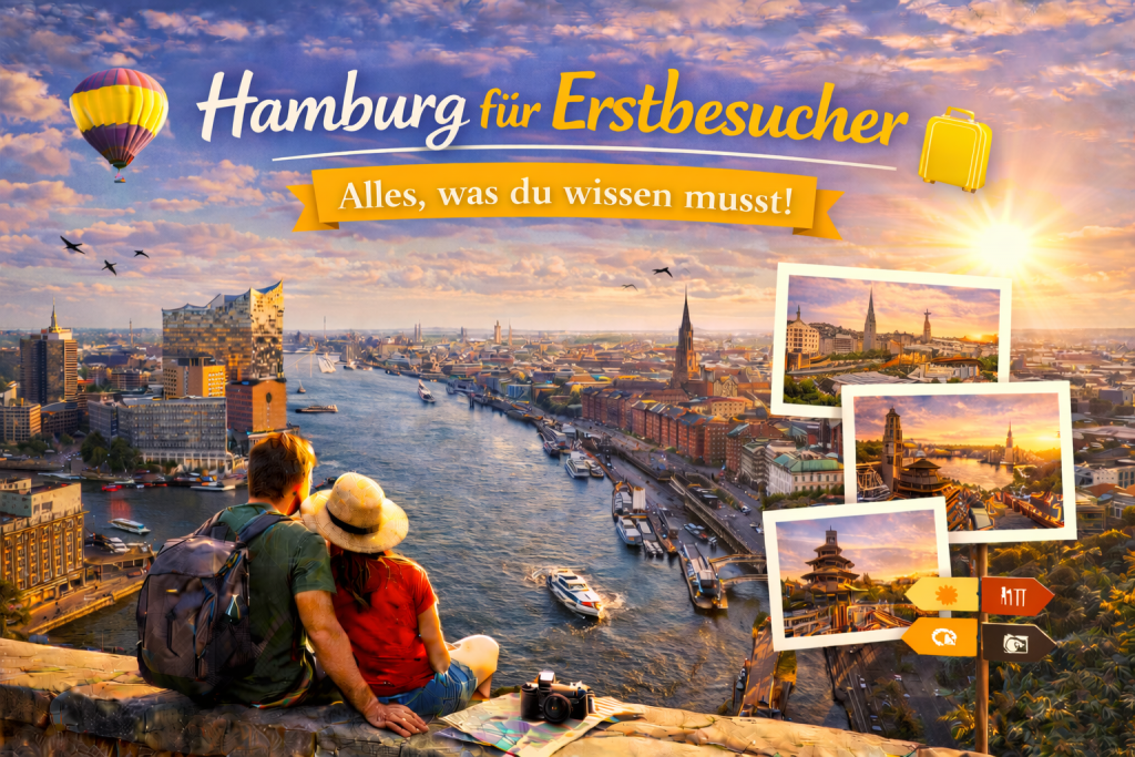 Weitblick über Hamburg mit Elbphilharmonie, Hafen und Speicherstadt im warmen Abendlicht, ergänzt durch kleine Bildausschnitte mit bekannten Sehenswürdigkeiten.