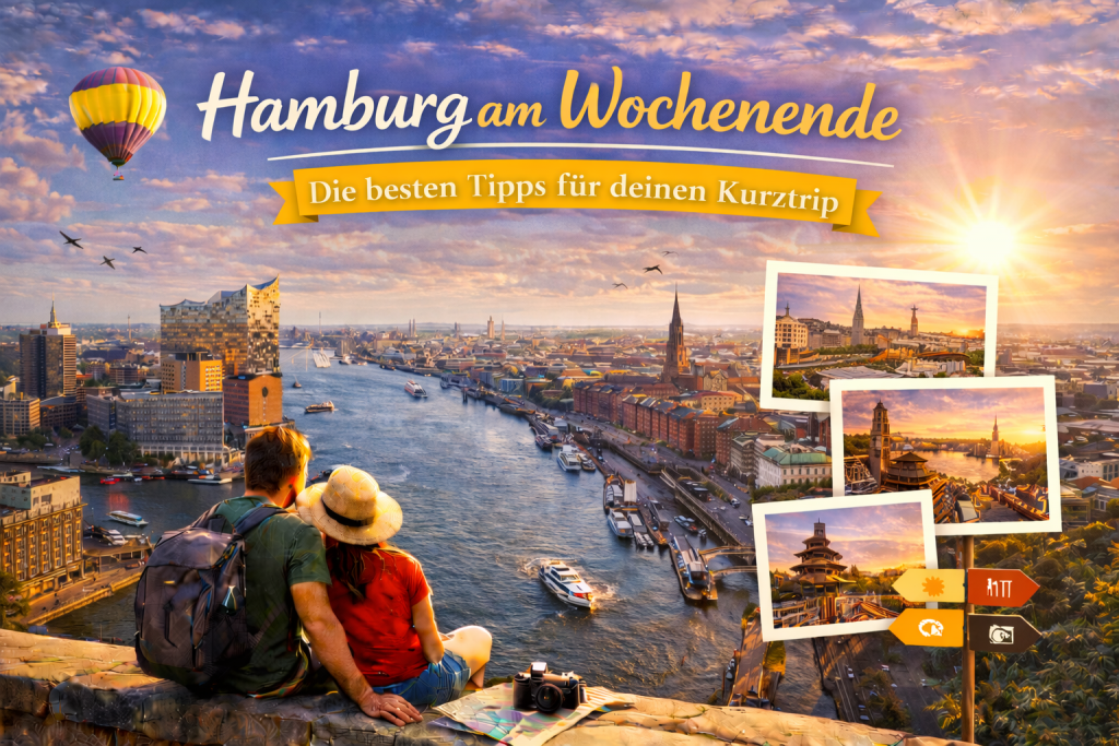 Stimmungsvolle Aussicht auf Hamburg mit Elbe, Hafen und historischer Speicherstadt, ergänzt durch kleine Motive mit Sehenswürdigkeiten für einen Wochenendtrip.