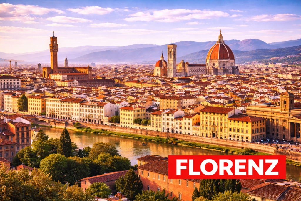 Florenz mit Dom Santa Maria del Fiore, roten Dächern und Blick über die historische Altstadt.