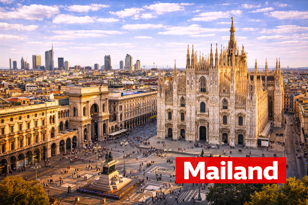 Mailänder Innenstadt mit Dom von Mailand, moderner Skyline und historischen Gebäuden.