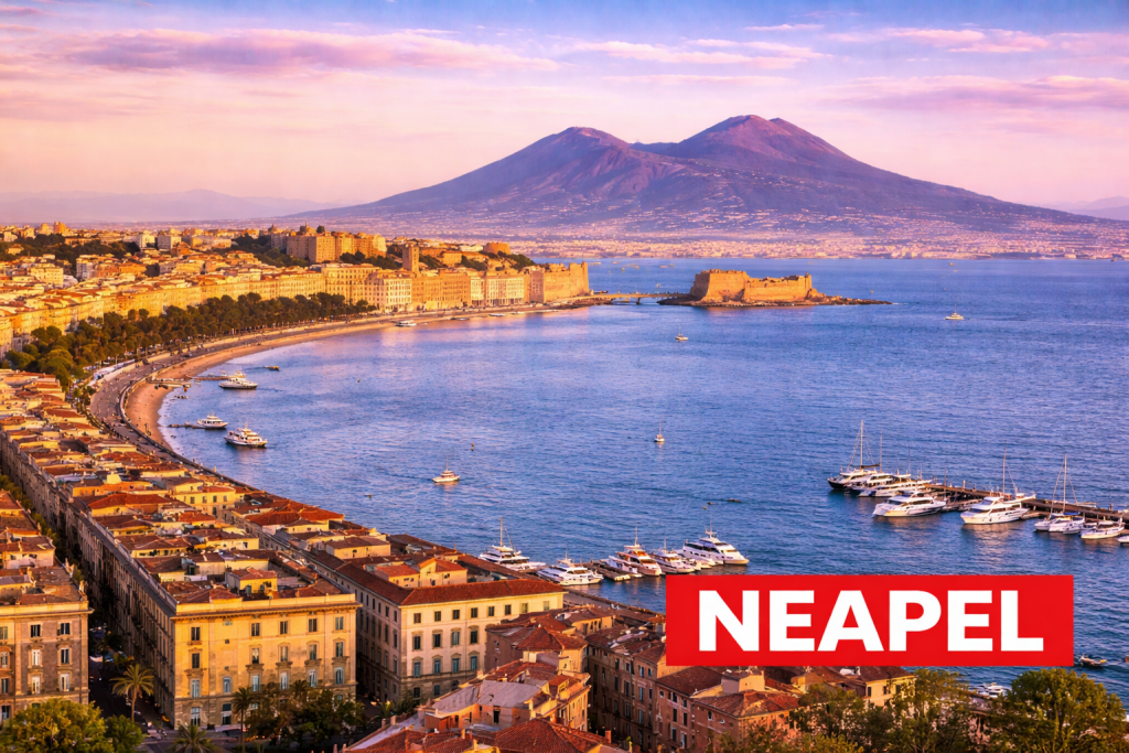 Neapel mit dicht bebauter Altstadt, Vesuv im Hintergrund und Blick über den Golf von Neapel.