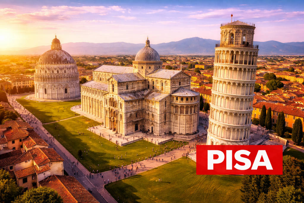 Pisa mit Schiefem Turm, Dom und Piazza dei Miracoli unter blauem Himmel.