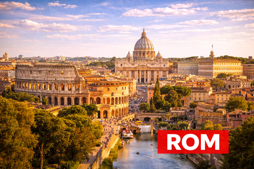 Skyline von Rom mit Kolosseum, historischen Gebäuden und typischer italienischer Architektur.