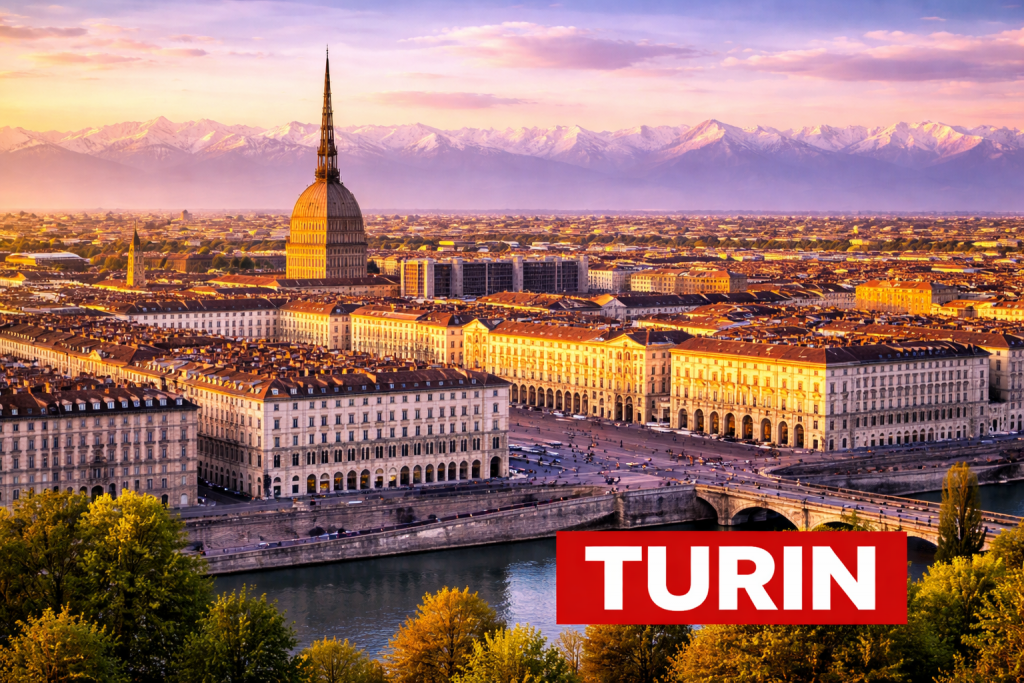 Turin mit barocker Architektur, breiten Plätzen und Alpen im Hintergrund.