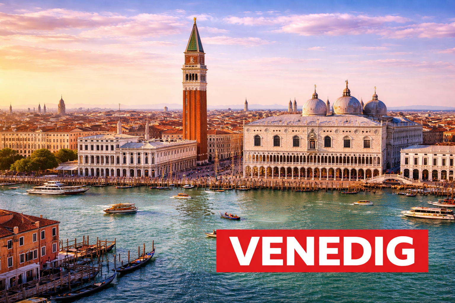 Venedig mit Canal Grande, Gondeln und historischer Architektur entlang der Kanäle.