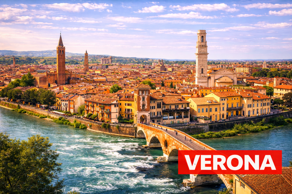 Verona mit historischer Altstadt, Arena di Verona und roten Dächern entlang der Etsch.