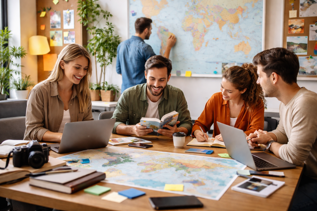 Team plant gemeinsam neue Reiseziele und Inhalte für eine Reiseplattform