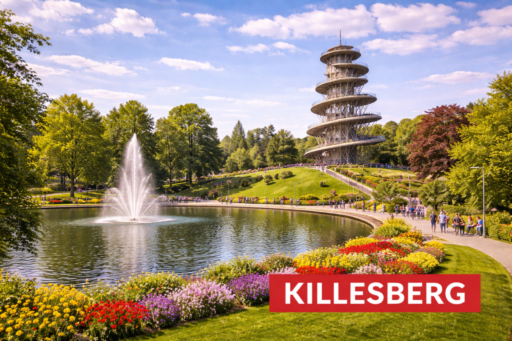 Killesbergpark in Stuttgart mit Killesbergturm, Springbrunnen im See und bunten Blumenanlagen.
