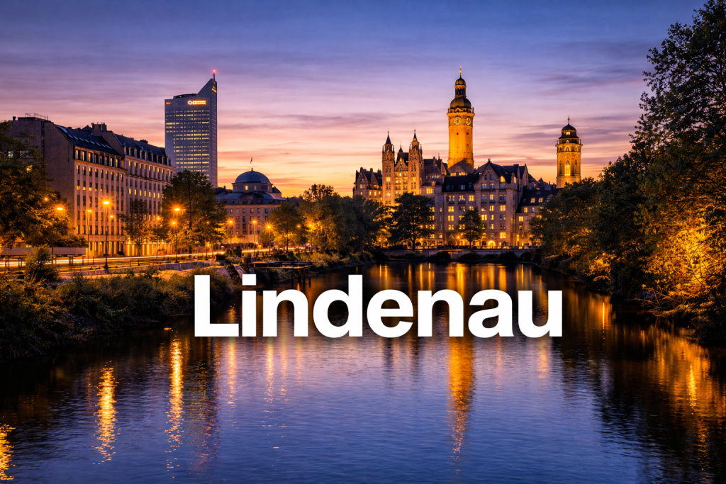 Leipziger Skyline in der Abenddämmerung mit City-Hochhaus, Neuem Rathaus und Spiegelung im Wasser.