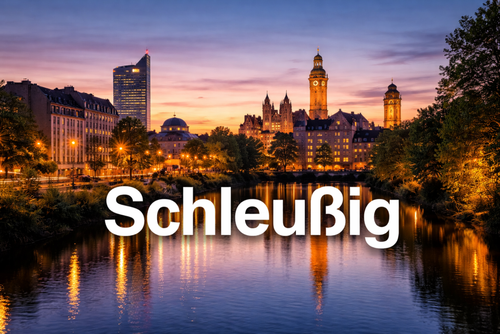 Skyline von Leipzig bei Sonnenuntergang mit Blick auf das Neue Rathaus, City-Hochhaus und reflektierendem Wasser.