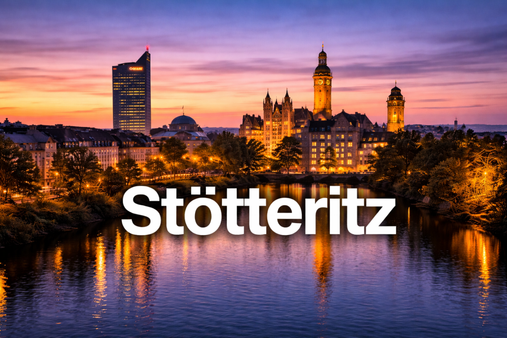 Leipziger Stadtpanorama bei Abendlicht mit City-Hochhaus und historischem Rathaus.