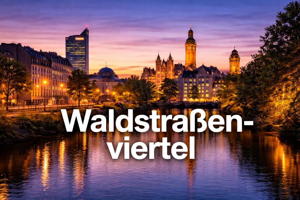 Leipzig Skyline bei Sonnenuntergang mit beleuchtetem Neuen Rathaus und City-Hochhaus.