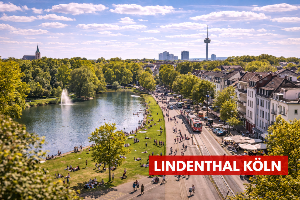 Lindenthal in Köln mit Aachener Weiher, Parkanlage und umliegenden Wohnhäusern.