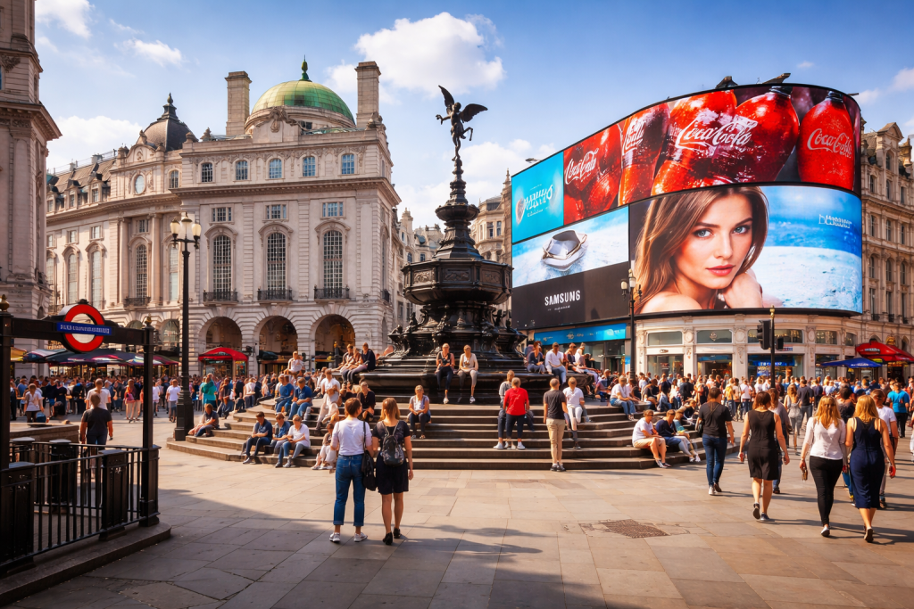 Piccadilly Circus in London mit Eros-Statue, Menschenmengen und großen digitalen Werbetafeln