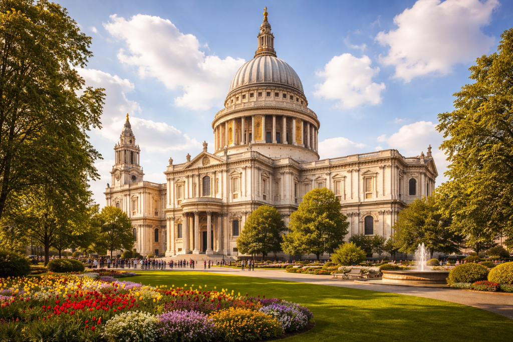 St. Paul’s Cathedral in London mit großer Kuppel und gepflegtem Park bei sonnigem Wetter