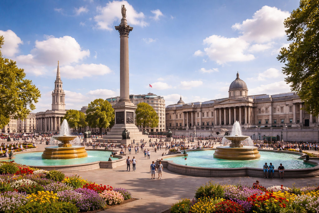 Trafalgar Square in London mit Nelson’s Column, Brunnen und National Gallery im Hintergrund