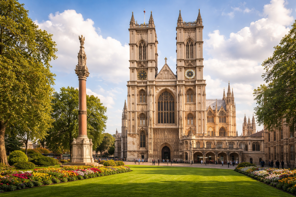 Westminster Abbey in London mit gotischer Architektur und grüner Parkanlage im Vordergrund