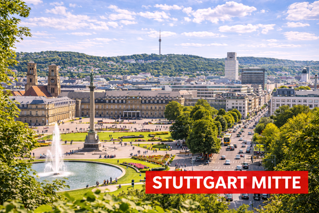Schlossplatz in Stuttgart Mitte mit Jubiläumssäule, Neuem Schloss und Blick über die Innenstadt.