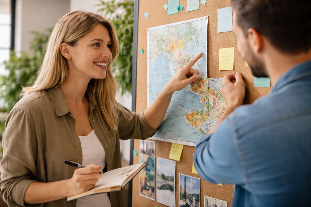 Team plant gemeinsam neue Reiseziele und Inhalte für eine Reiseplattform