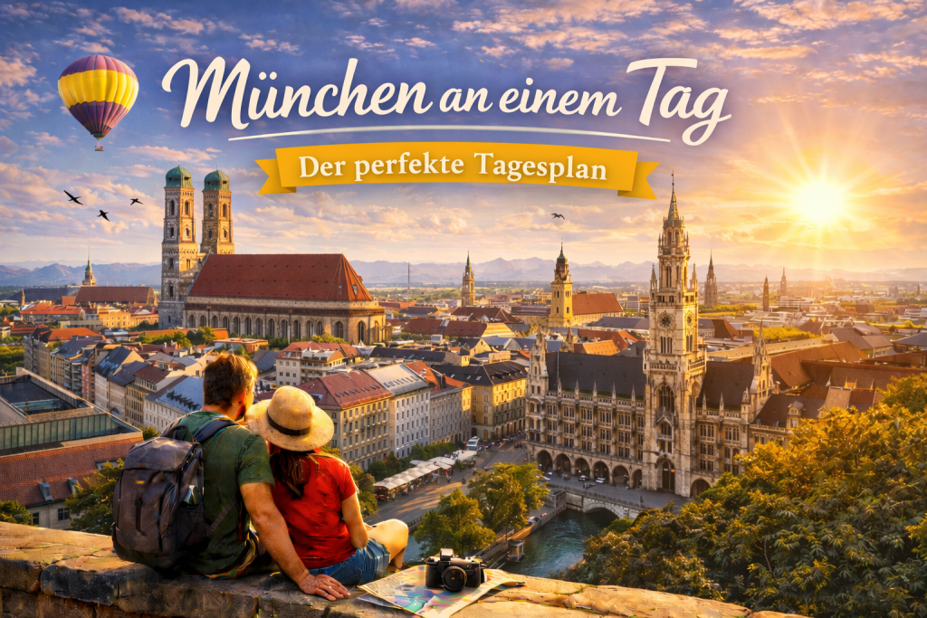 Panorama von München mit Frauenkirche, Marienplatz und Neuem Rathaus im Abendlicht, während ein Paar mit Rucksäcken auf einer Mauer sitzt und über die Stadt blickt.