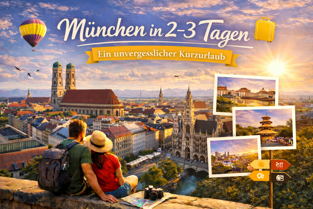 Blick über München mit Frauenkirche, Marienplatz und Neuem Rathaus bei goldenem Sonnenuntergang, ergänzt durch kleine Bildkarten mit Highlights der Stadt.