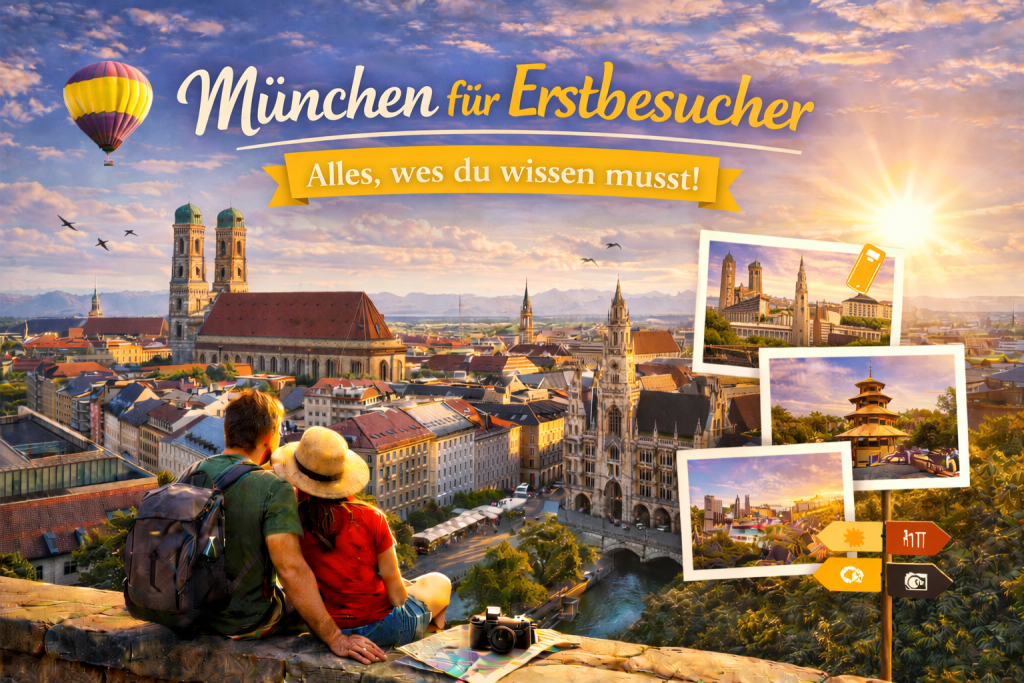 Weitblick über München mit Frauenkirche, Marienplatz und historischer Altstadt im warmen Abendlicht, ergänzt durch kleine Bildausschnitte mit bekannten Sehenswürdigkeiten.