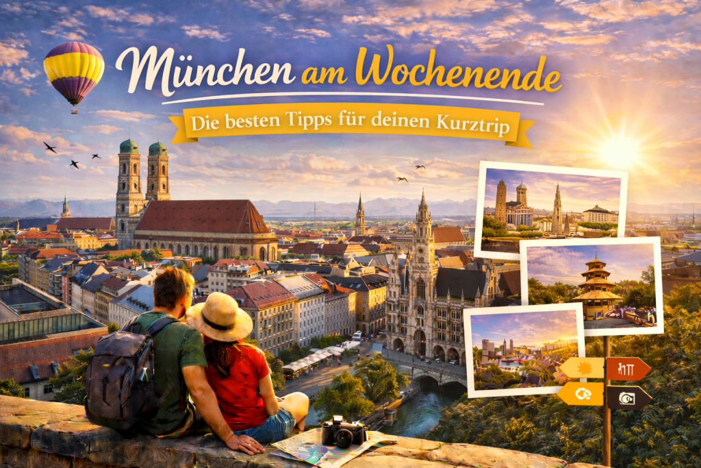 Stimmungsvolle Aussicht auf München mit Frauenkirche, Altstadt und Alpenpanorama, ergänzt durch kleine Motive mit Sehenswürdigkeiten für einen Wochenendtrip.