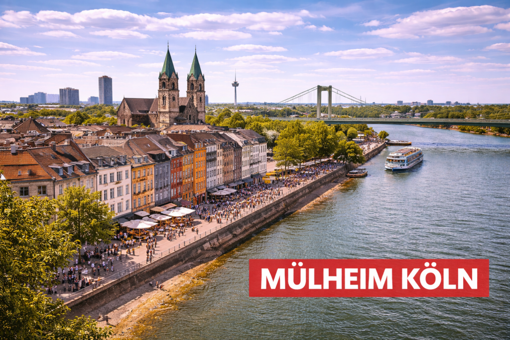Mülheim in Köln mit Rheinufer, Mülheimer Brücke und Kirche St. Clemens.
