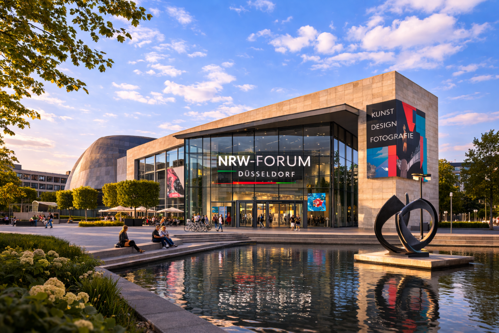 NRW-Forum Düsseldorf mit moderner Glasfassade, Kunstmuseum am Ehrenhof und Rheinturm im Hintergrund.